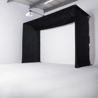 Black golf simulator enclosure with impact screen and projector for indoor practice