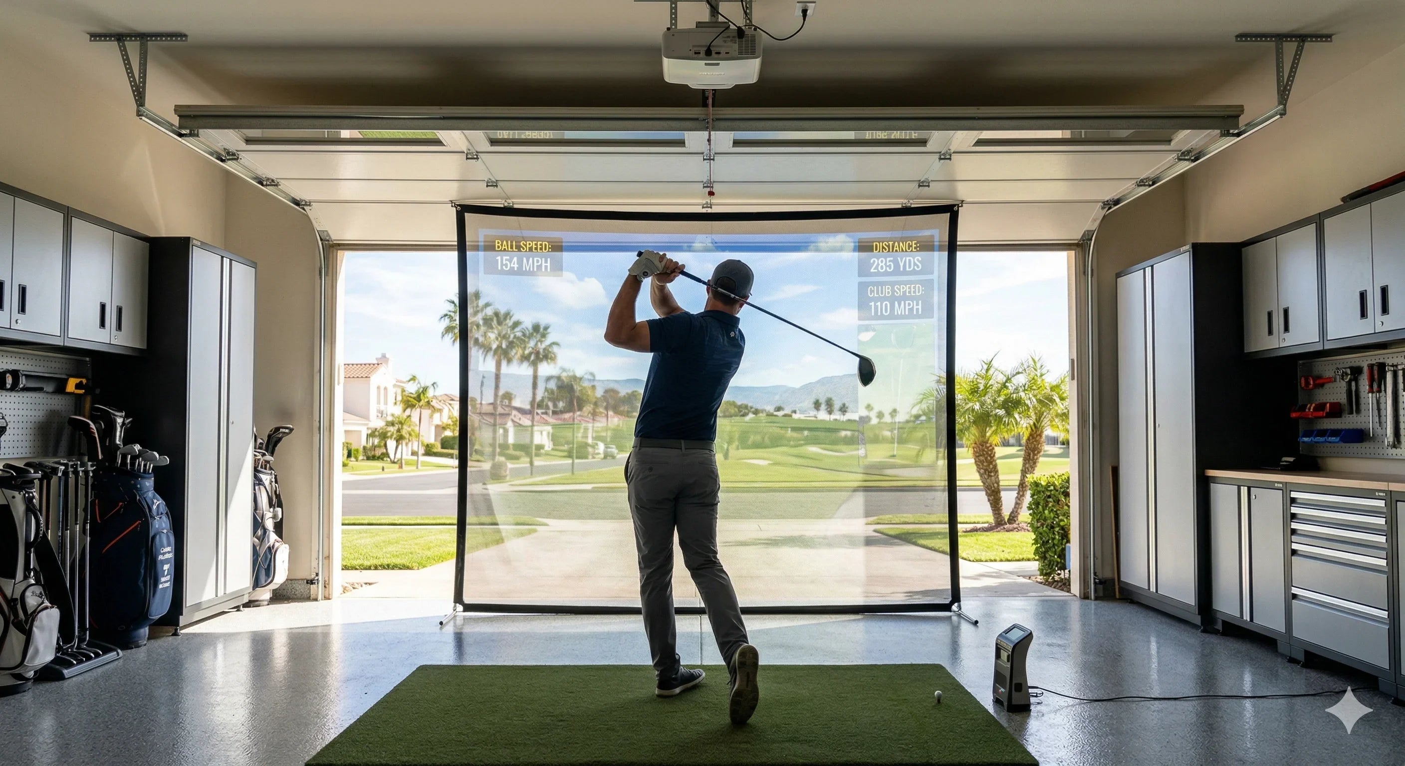 Golfer swinging in garage with simulator screen, impact mat, and projector for indoor golf practice