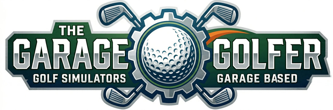 The Garage Golfer logo featuring golf clubs, ball, and gear for golf simulators and garage-based setups.