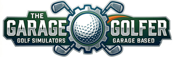 The Garage Golfer logo featuring golf clubs, ball, and gear for golf simulators and garage-based setups.