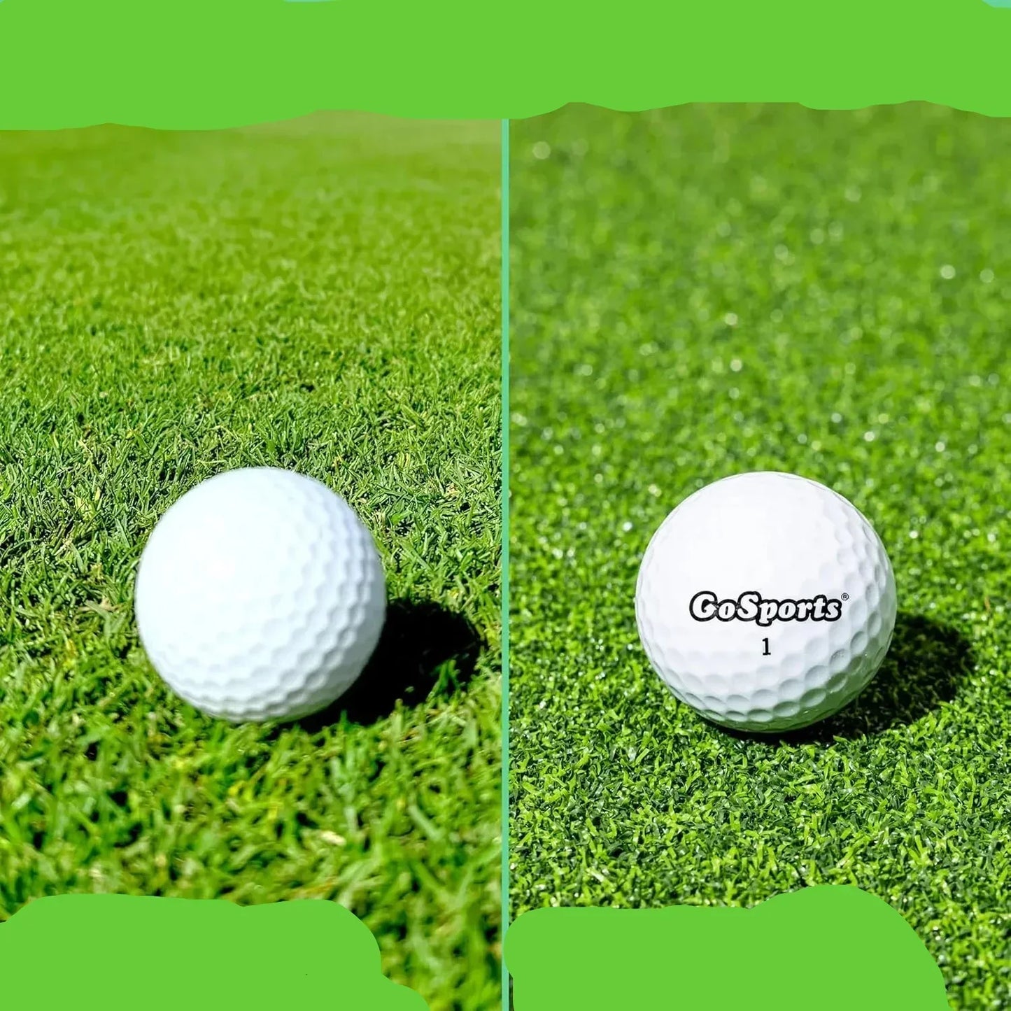 GoSports golf ball on vibrant green turf for indoor golf practice