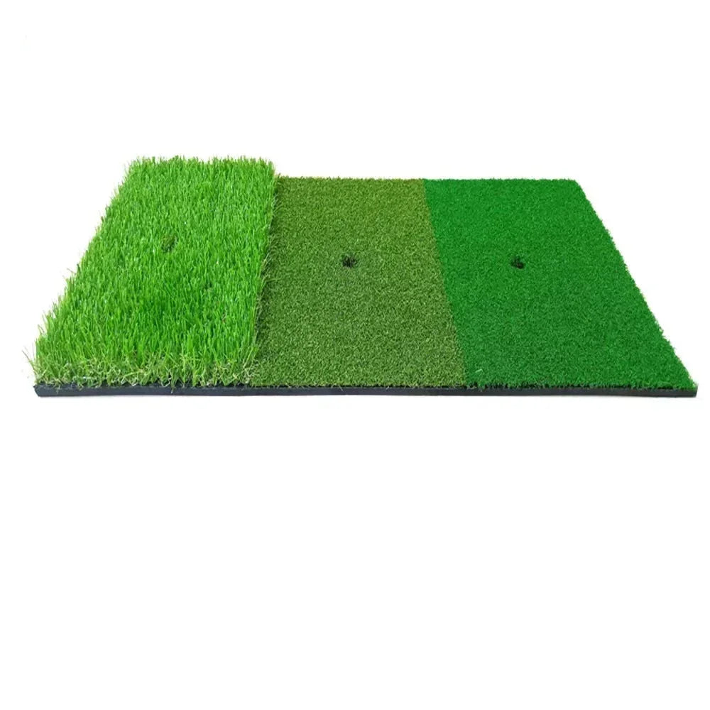 Indoor golf mat with three turf zones for driving, chipping, and putting practice