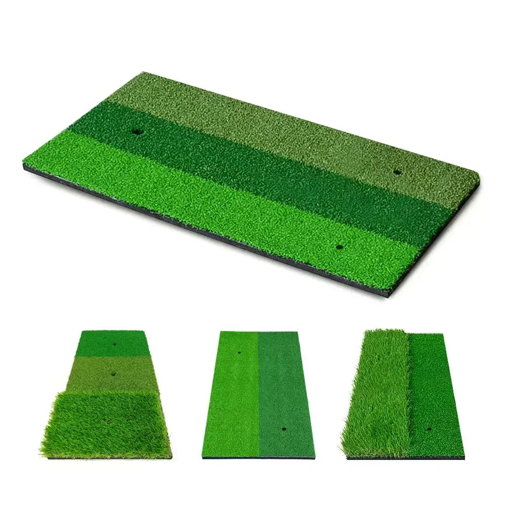 Green golf practice mats with striped turf for indoor simulator use