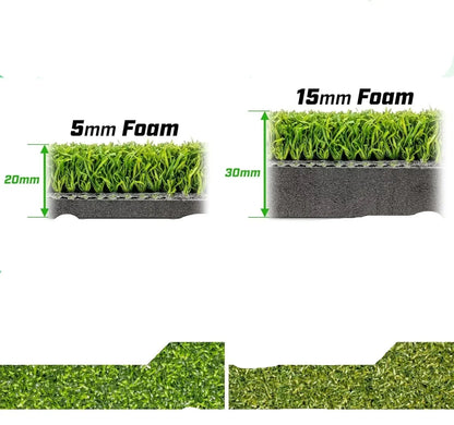 Golf mat with 5mm and 15mm foam layers for indoor practice, featuring durable artificial turf design.