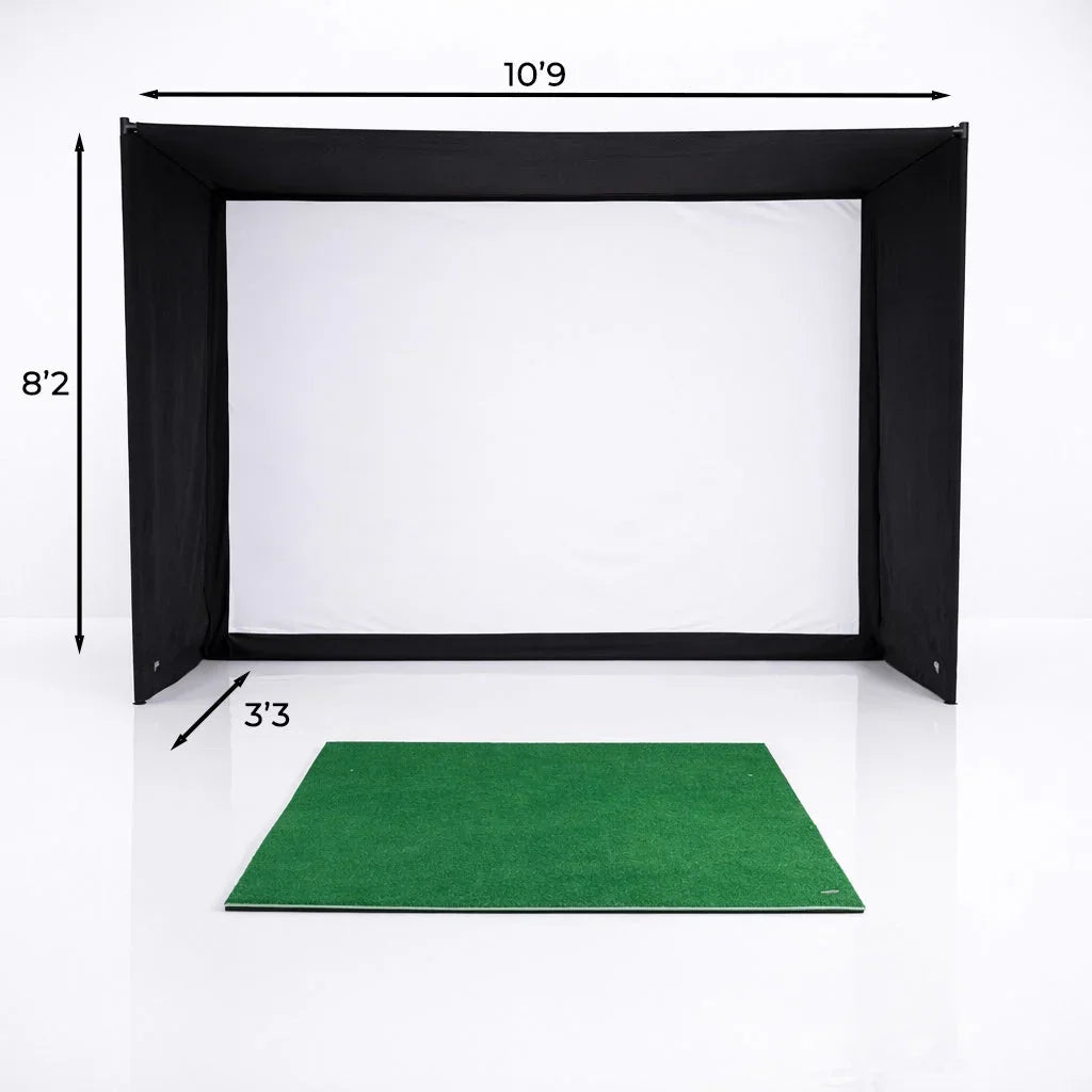 Indoor golf simulator enclosure with impact screen and green mat, dimensions shown for home setup