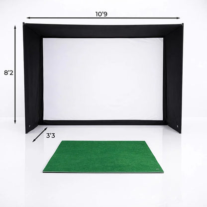 Indoor golf simulator enclosure with impact screen and green mat, dimensions shown for home setup