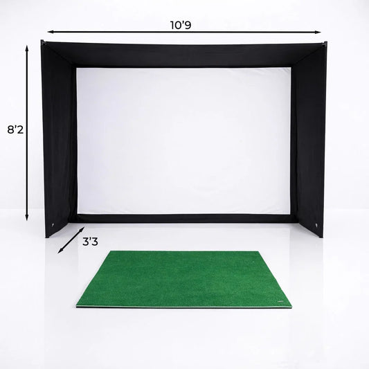 Indoor golf simulator enclosure with impact screen and green mat, dimensions shown for home setup