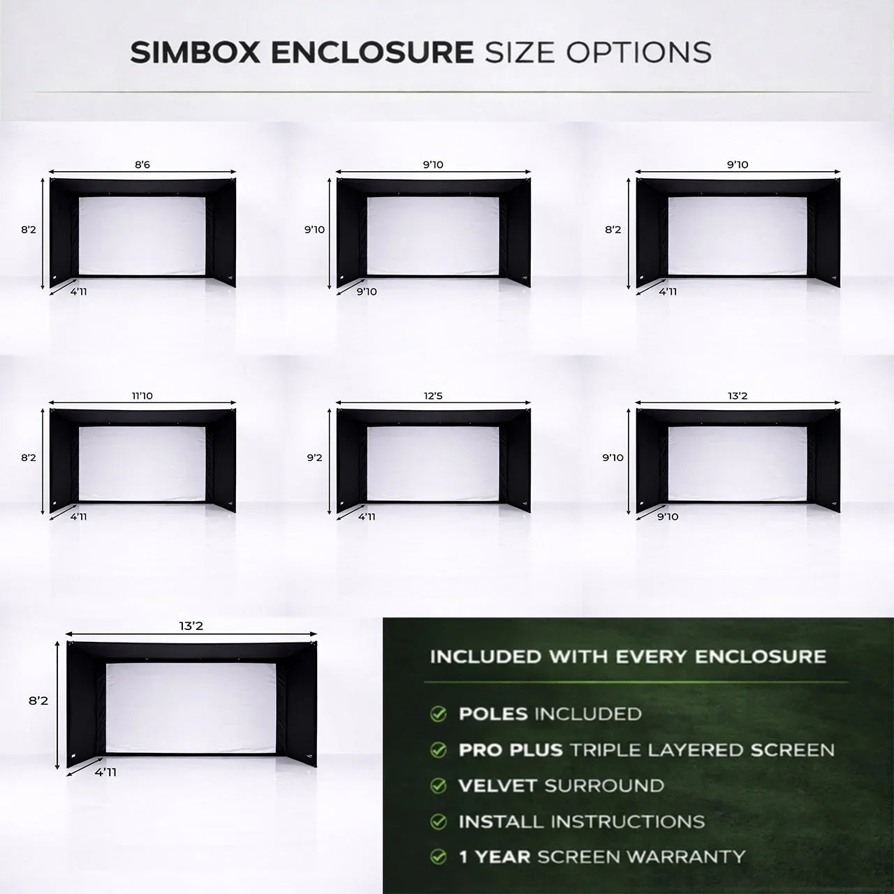 SimBox golf simulator enclosures in multiple sizes with Pro Plus screen and velvet surround