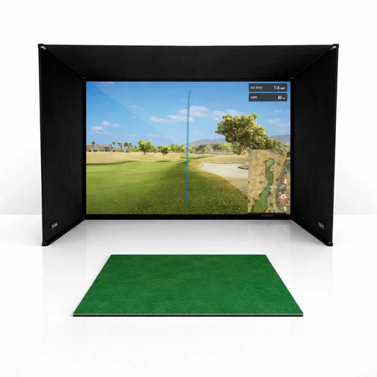 Indoor golf simulator with impact screen, golf mat, and virtual course display for home practice