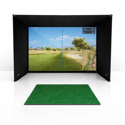 Indoor golf simulator with impact screen, golf mat, and virtual course display for home practice